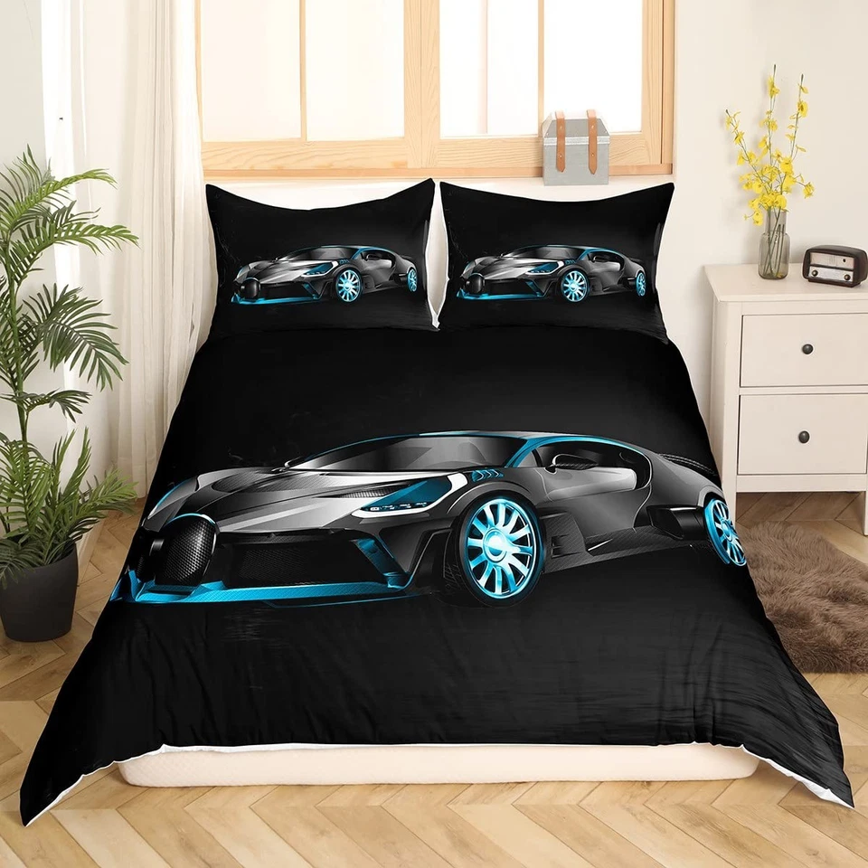 Conjunto de roupa de cama para carro de corrida - Tamanho duplo preto conjunto de capa de edredom para carro esportivo conforto 3D... - Imagem 3 de 4