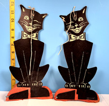 Pair of Halloween Winking Black Cats Hanging Decorations Upon Ruffle Pumpkins