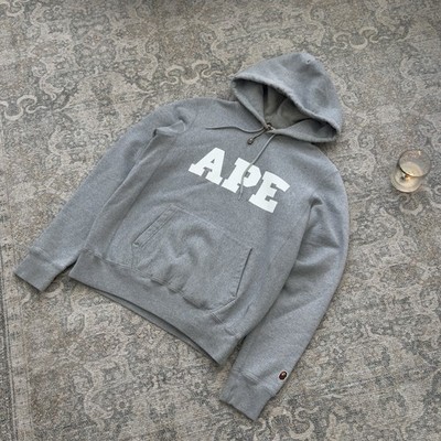 A Bathing Ape BAPE College Logo Hoodie Gray White Size M Made in Japan Y2K