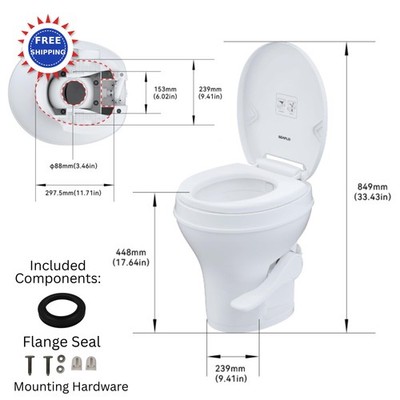 RV Toilet 18.4 Inch Gravity Flush Soft Close Seat SEAFLO Residential Height