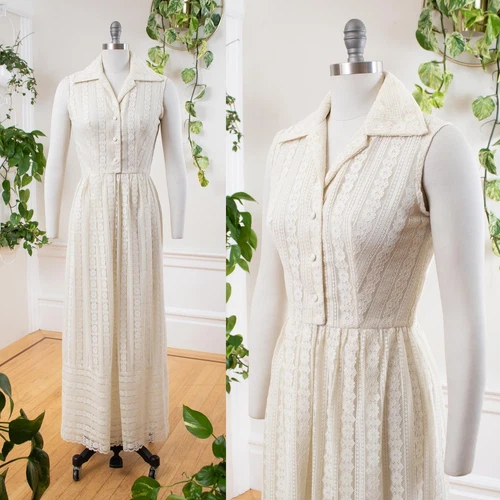 OFF WHITE Maxi abito vintage anni 60 pizzo bianco sporco prendisole boho abito da sposa