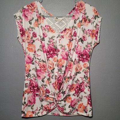Bobbie Brooks Ladies Womens Pink Floral Knot Lace & Knit Short Sleeve Size Small