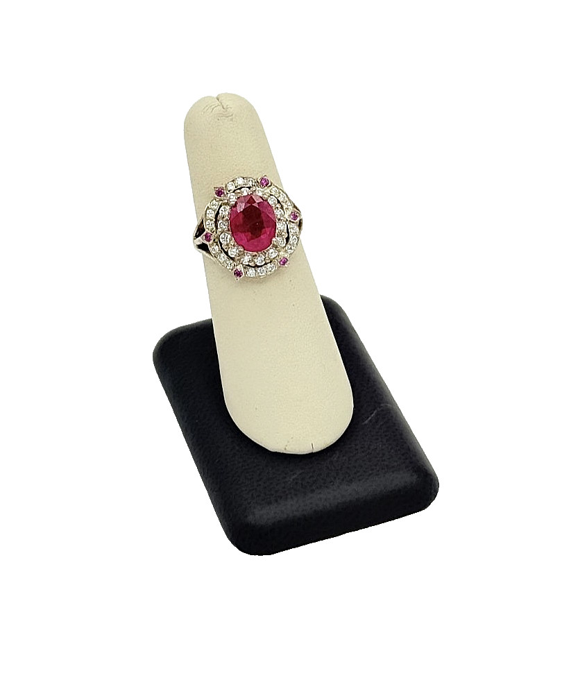 925 Sterling Silver Synthetic Ruby & CZ Ring - Si… - image 1