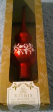 Vitbis Poland 9" CHRISTMAS TREE TOPPER Finial Red w/White Flocked Scroll NIB