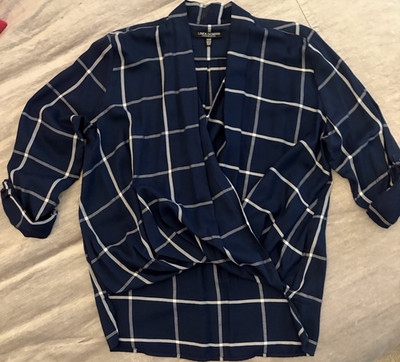 Linea Domani Women s Blue/White Plaid V-Neck 3/4 Sleeve Pullover Blouse M