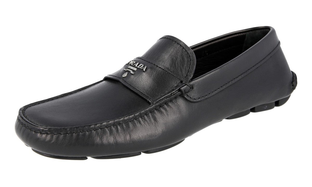 PRADA Leather Logo Driving Loafer Slipper Shoes - Black - NEW - US