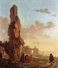 Oil painting jan both - ruins at the sea landscape & figures hand painted canvas