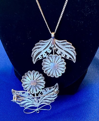 Vintage Estate Sterling Silver 925 Filigree Flower Pendant Brooch Set Handmade