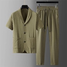 Men Summer Outfit 2-Piece Set Short Sleeve Button Shirt and Pants Sweatsuit Sets
