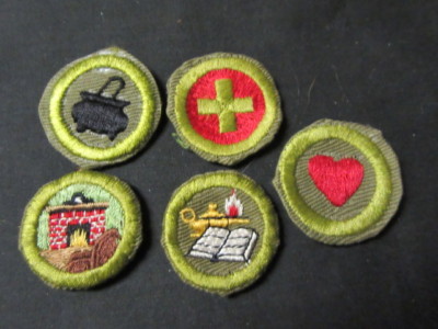 Khaki Crimped Edge Boy Scout Merit Badges, Lot of 5 different   c20 #6