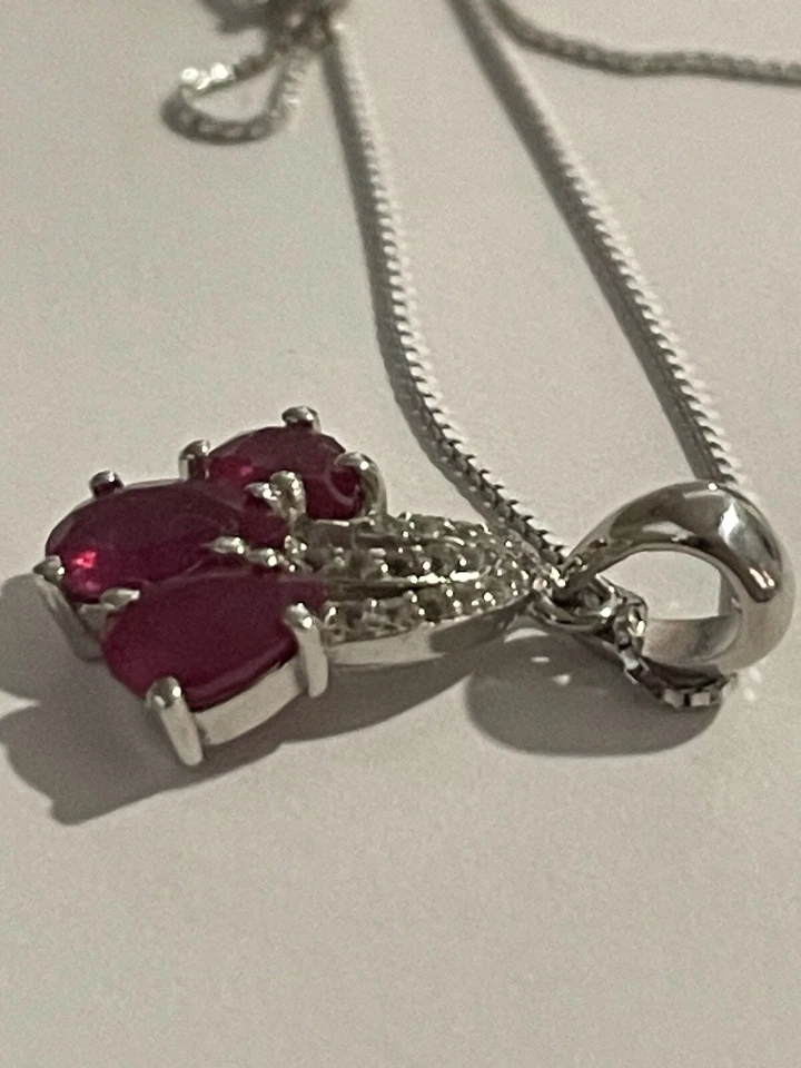 红色红宝石加热 7x5 毫米和白色黄玉/Cz 925 纯银珠宝项链 18 — 第 3/4 张图片