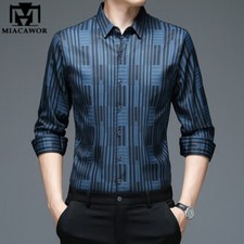 Camisa Ajustada De Seda Para Hombres Ropa De Vestir Manga Larga A Rayas Elegante