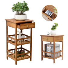 Plant Side Table Telephone Nightstand Bamboo End Table W/ Drawer Storage Shelf