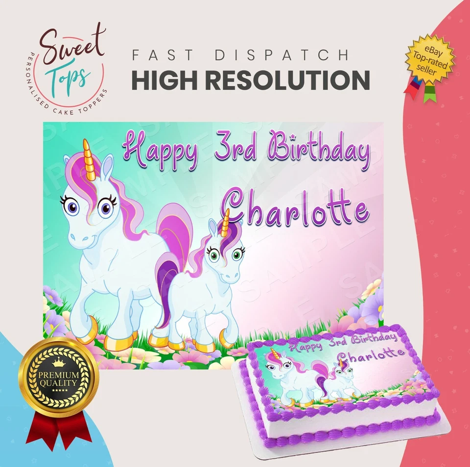 UNICORN RECTANGLE EDIBLE CAKE TOPPER DECORATION PERSONALISED - Image 1 of 1