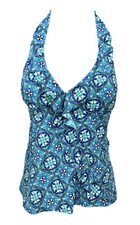 Women’s Blue Shaping Ruffle Tankini Top Glamour Geometric Design Swimwear SP