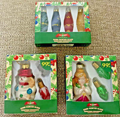 3- VINTAGE ALL IS BRITE Hand Painted Glass Christmas Ornament Sets