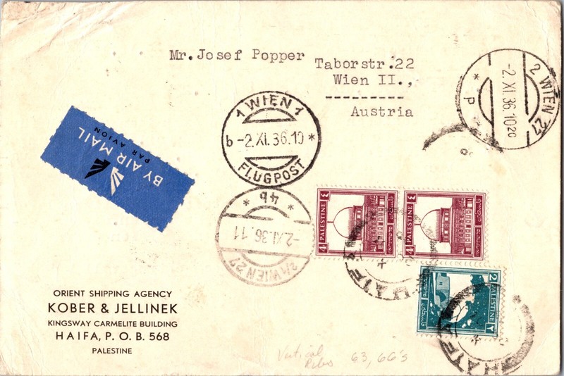 1936 Palestine Haifa Orient Shipping Agency  Airmail Cover to Austria Vienna