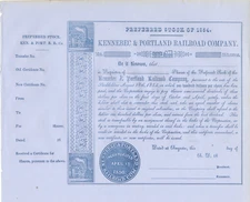 Kennebec & Portland Railroad Company Stock Certificate (Maine, 1800's)