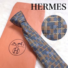 HERMES Logo All-over print Tie Men Blue Yellow Silk Genuine