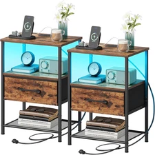 Night Stand Set 2, End Table with Charging Station, LED Bedside Table with Fabri