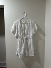 Miken Swim Women's White Lace Crochet Tie Front Beach Cover-Up Kimono Top- Large