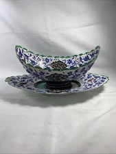 Antique Persian Copper Plate and Bowl Set, Hand Painted Enamel (Minakari)