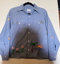 VTG Hippy 60s USA Made Chambray Floral Embroidered JCPenney Rockabilly Shirt S