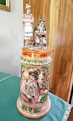 Vtg 16.5'' Ceramic Stein marked JB w/ Woodland Relief Scene & German Couple Atop
