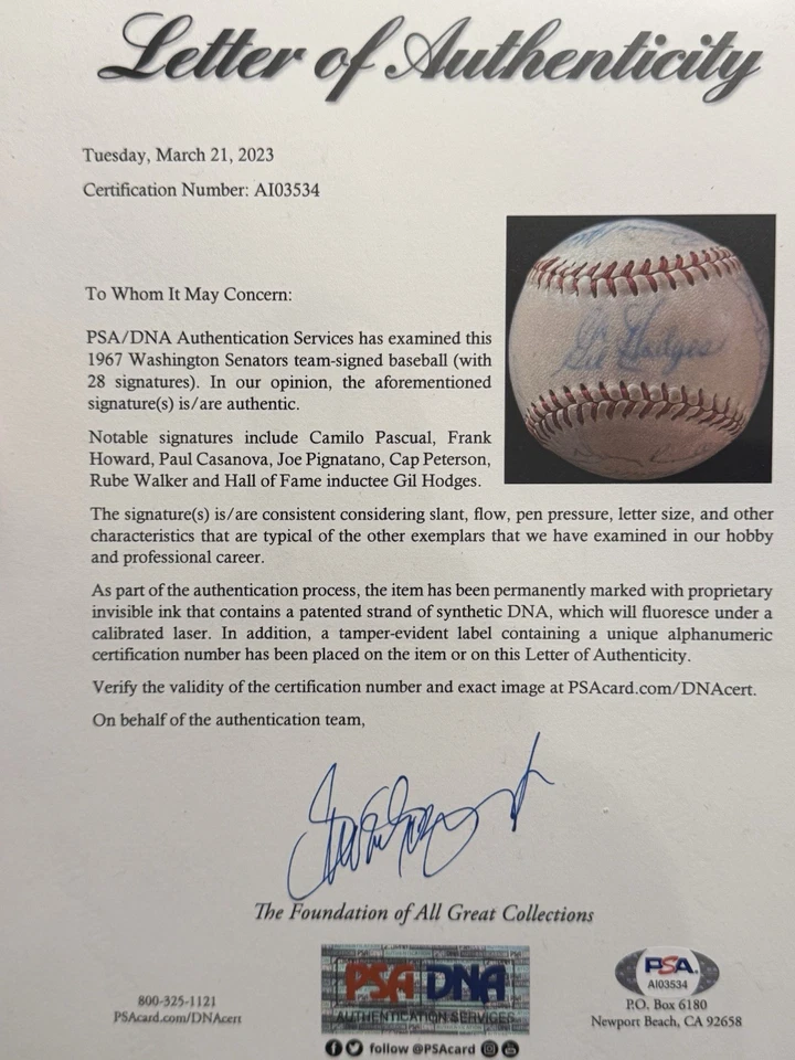 Gil Hodges Sweet Spot 1967 Washington Senators Team Signed Baseball PSA- Letter - Image 3 of 4