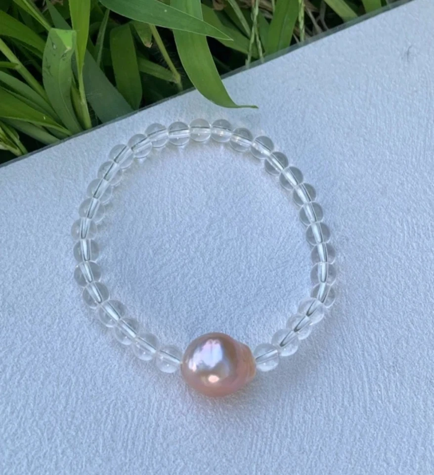  Armband  aus Kristall  & roséfarbener Barock-perlen, elastisch, elegant, Unikat - Bild 2 von 4