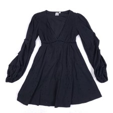 ASOS Mini Dress 4 Black Eyelet Floral Long Sleeve Boho Deep V Neck Festival