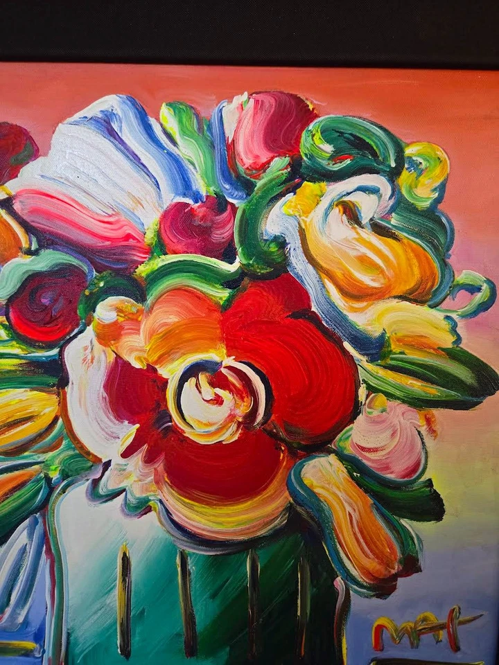 PETER MAX ORIGINAL ACRÍLICO SOBRE LIENZO "FLORES ABSTRACTAS" 18" X 18" ENMARCADO Foto 3 de 3