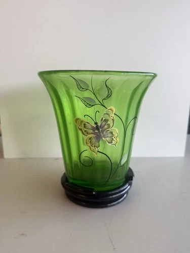 Fenton Hand Painted Green Glass Floral Vase With Base 7” Tall