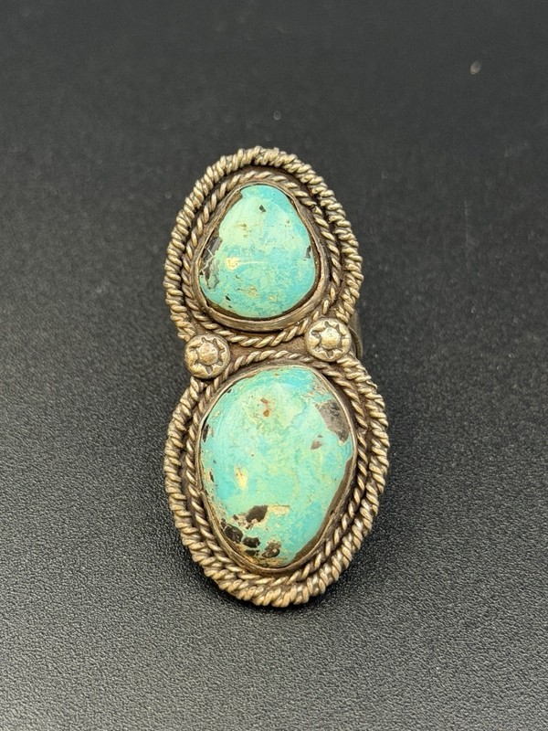 Vintage Southwestern Turquoise Ring Sterling Silver Double Stone Size 7 Adj