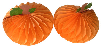 2  Vintage Honeycomb Tissue Paper Orange Pumpkins with Stem Halloween Fall 10''