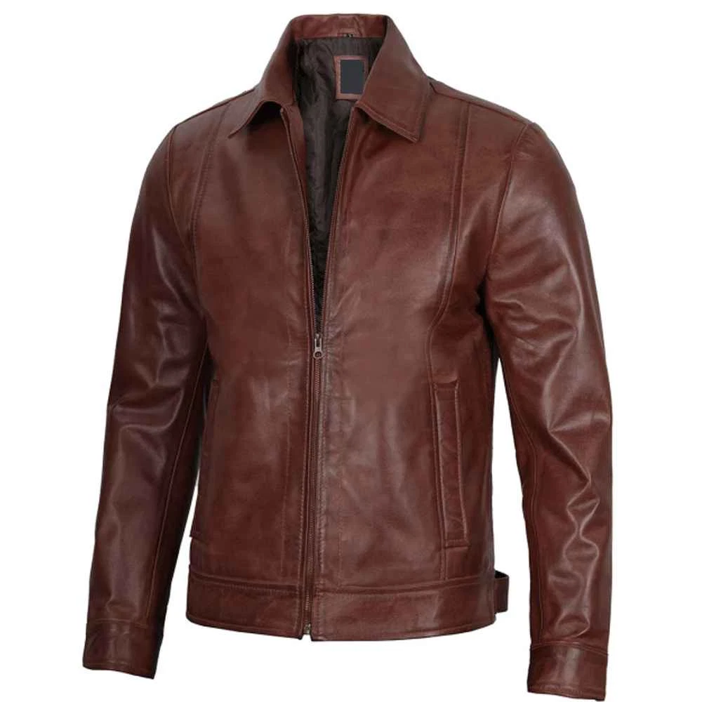 Mens Vintage Brown Leather Shirt Jacket Distressed Sheep Leather Turn Down Colar