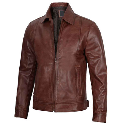 Mens Vintage Brown Leather Shirt Jacket Distressed Sheep Leather Turn Down Colar