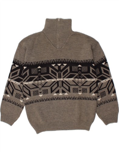 VINTAGE Mens Zip Neck Jumper Sweater Medium Grey Fair Isle Polyacrylic CG81