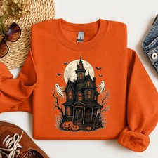 Halloween Haunted House Sweatshirt Spooky House Crewneck Ghost Pumpkin Gift