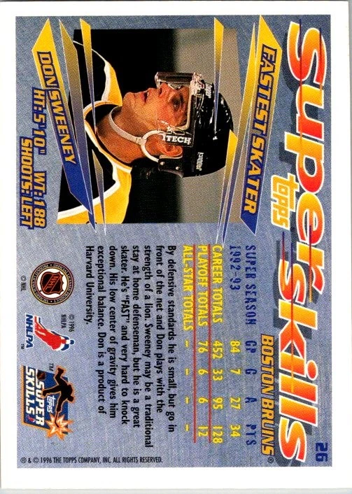 1995-96 Topps Super Skills #26 Don Sweeney - Image 2 of 2
