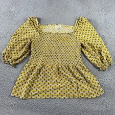 Max Studio Womens Puff Sleeve Smocked Top Blouse Yellow Floral Size XL