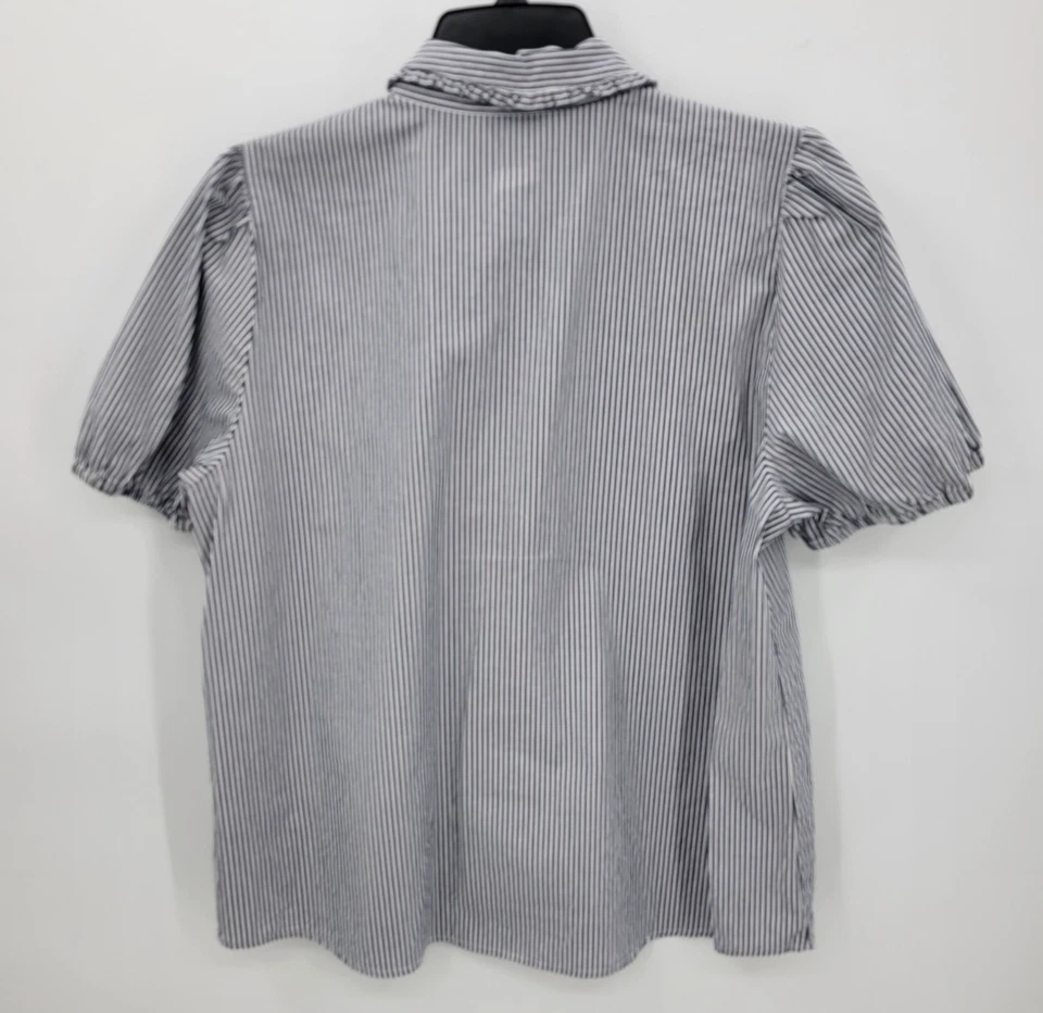 J Crew Top Womens Large Gray White Stripe Puff Sleeve Button Up Feminine Poet - Image 2 of 4