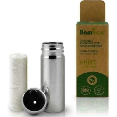 BAMBAW Reusable Stainless Steel Floss Dispenser with 50m Mint Corn Starch Dental Floss