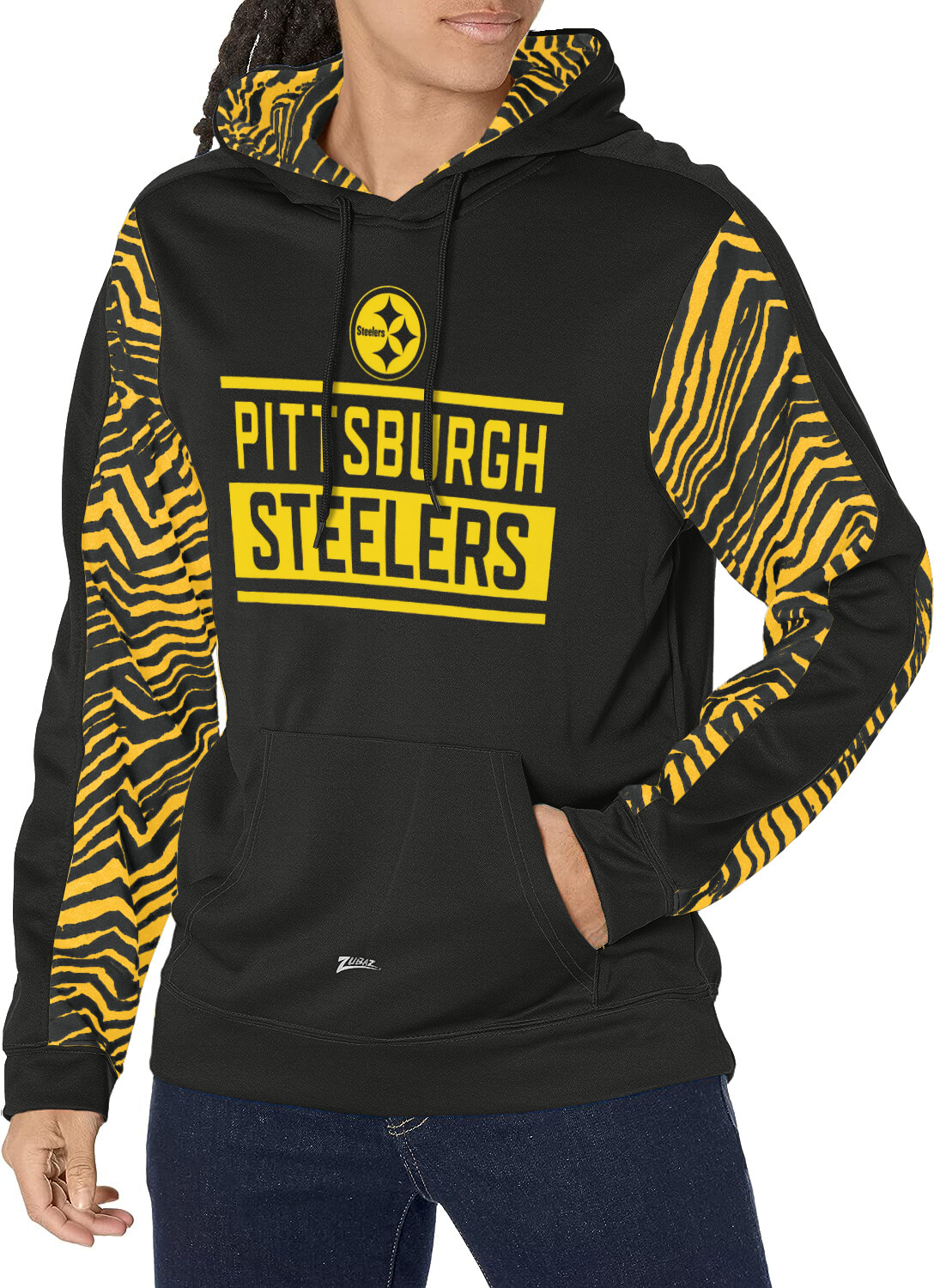 Пуловер с капюшоном Zubaz NFL Mens Pittsburgh Steelers командного цвета с зебровыми вставками