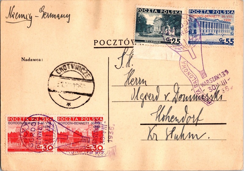 1936 Warsaw Poland Gordon Bennet Postcard Cover to Hohendorf Germany