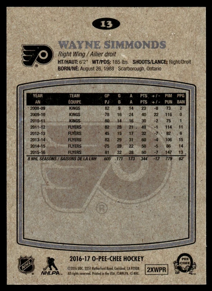 2016-17 O-Pee-Chee Retro Wayne Simmonds Philadelphia Flyers #13 - Image 2 of 2