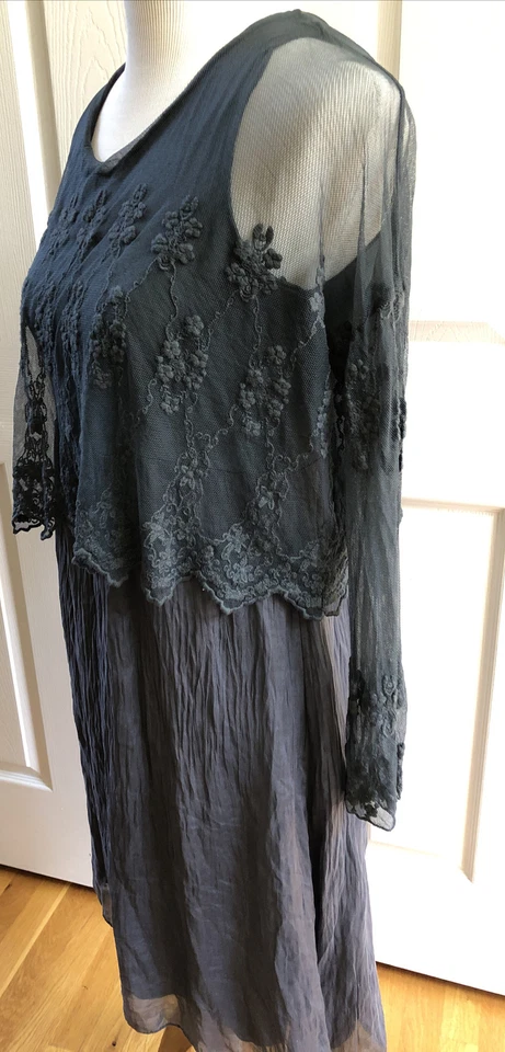 Vestido Bohemio Carla Conti Italia Delicado Encaje Superpuesto Largo Slv Mediano Nuevo con Etiquetas Foto 2 de 4