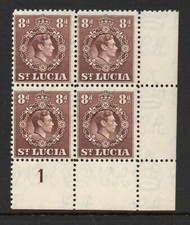 St Lucia 1938-48 8d Brown in Plate block SG 134c Mnh.