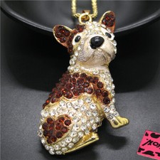 New Fashion Women Cute Brown Bulldog Dog Puppy Crystal Pendant Chain Necklace