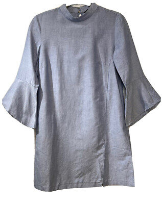 ZARA Basic Womens Shirt Dress Light Blue Chambray Bell Sleeve